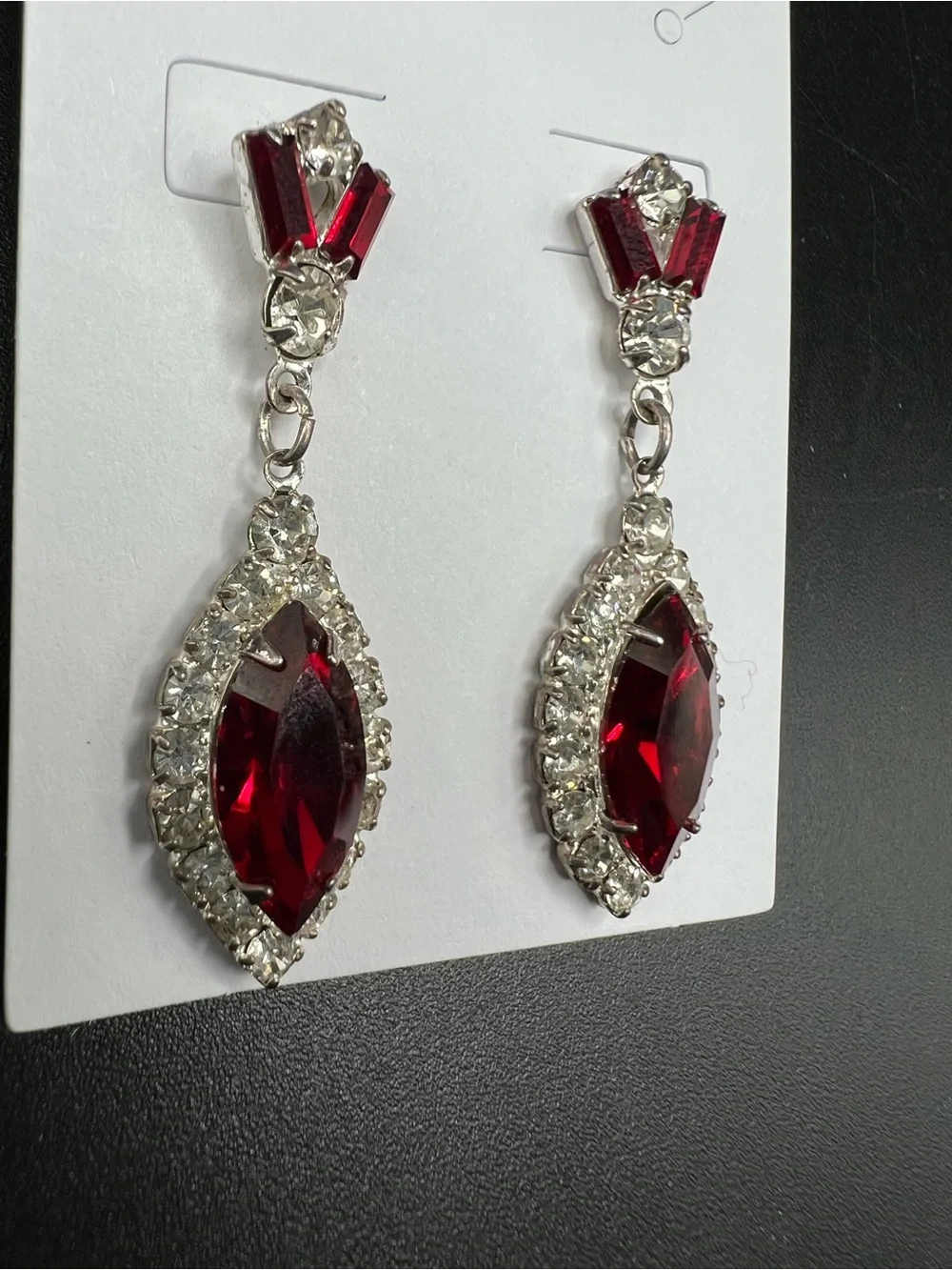 Vtg Red Rhinestone Dangle Earrings Silver Tone Marquise Glass Stones Art Deco